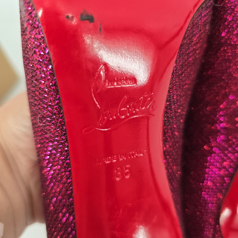 Christian Louboutin Coralta Mia 100 Pink Glitter Point Toe Pumps Size 35 Heart - Picture 9 of 13